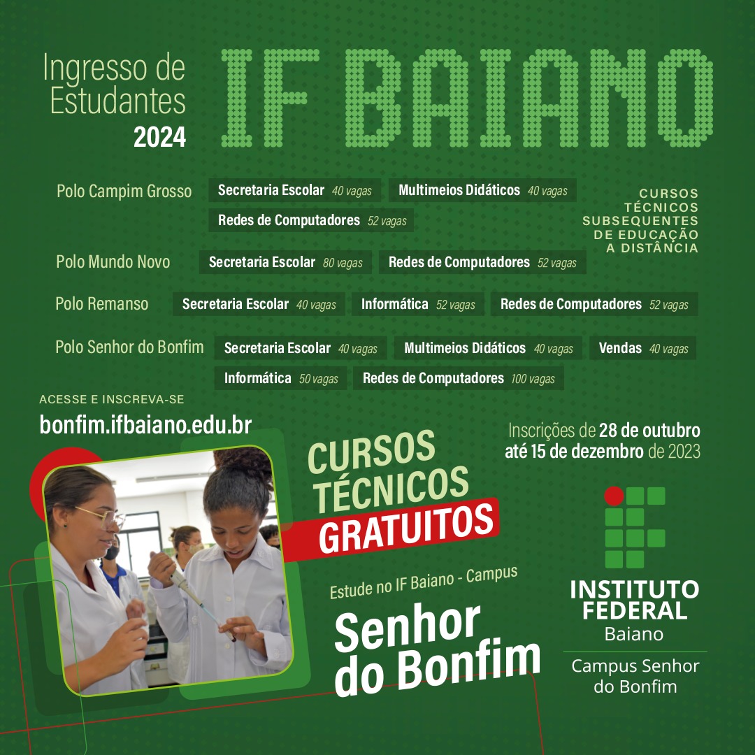 IFBA oferta 2.997 vagas de cursos técnicos gratuitos na BA; veja